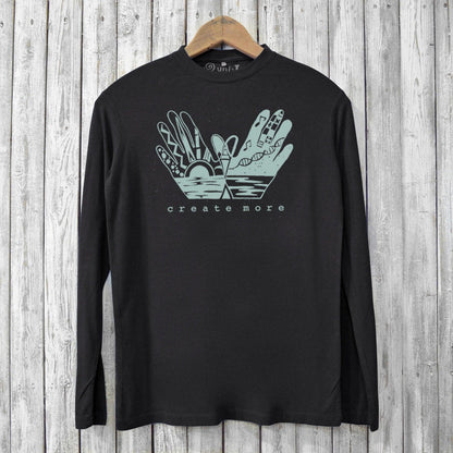 Create More T-shirts for Men - Bamboo Long Sleeve in black with artistic 'create more' hand design, perfect for eco-conscious and artistic wardrobes.