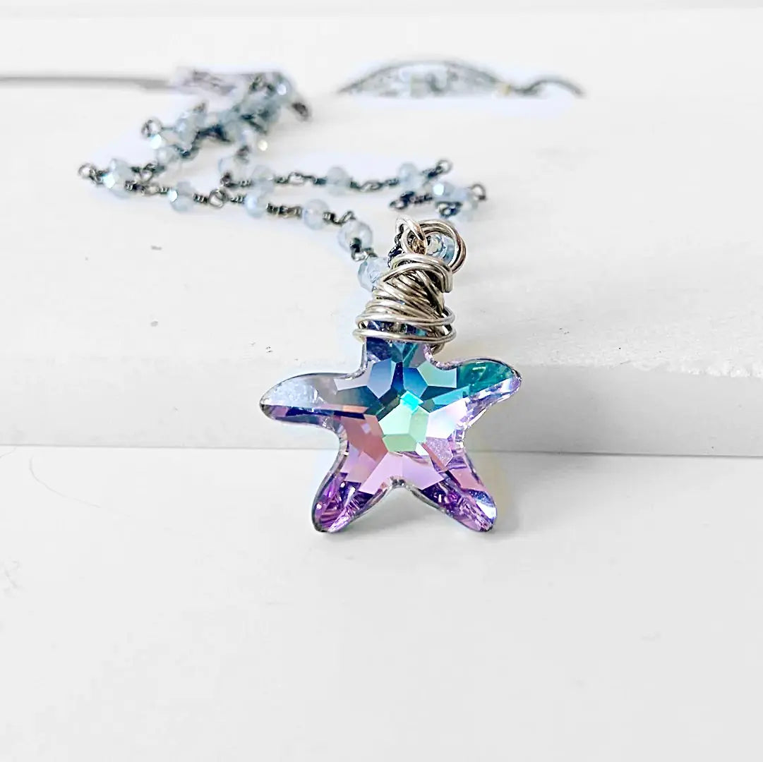 Crystal Starfish, Gray Jade, Sterling Silver Necklace Regina McGearty
