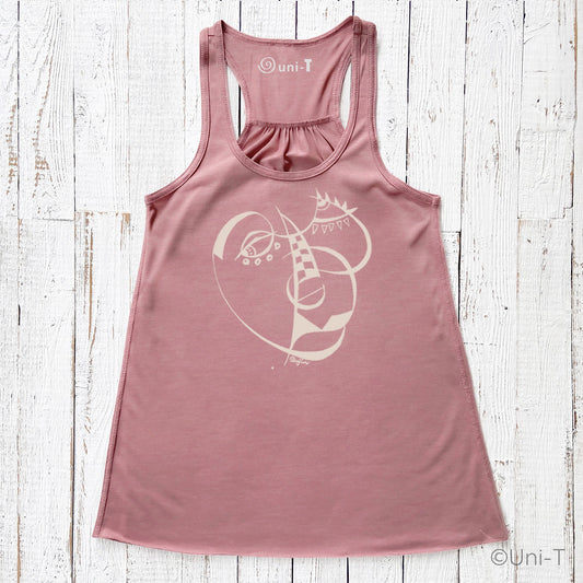 Cubism Face Flowy Tank - Women in mauve pink with abstract cubist face design. Soft poly-viscose blend ideal for art lovers and creatives.