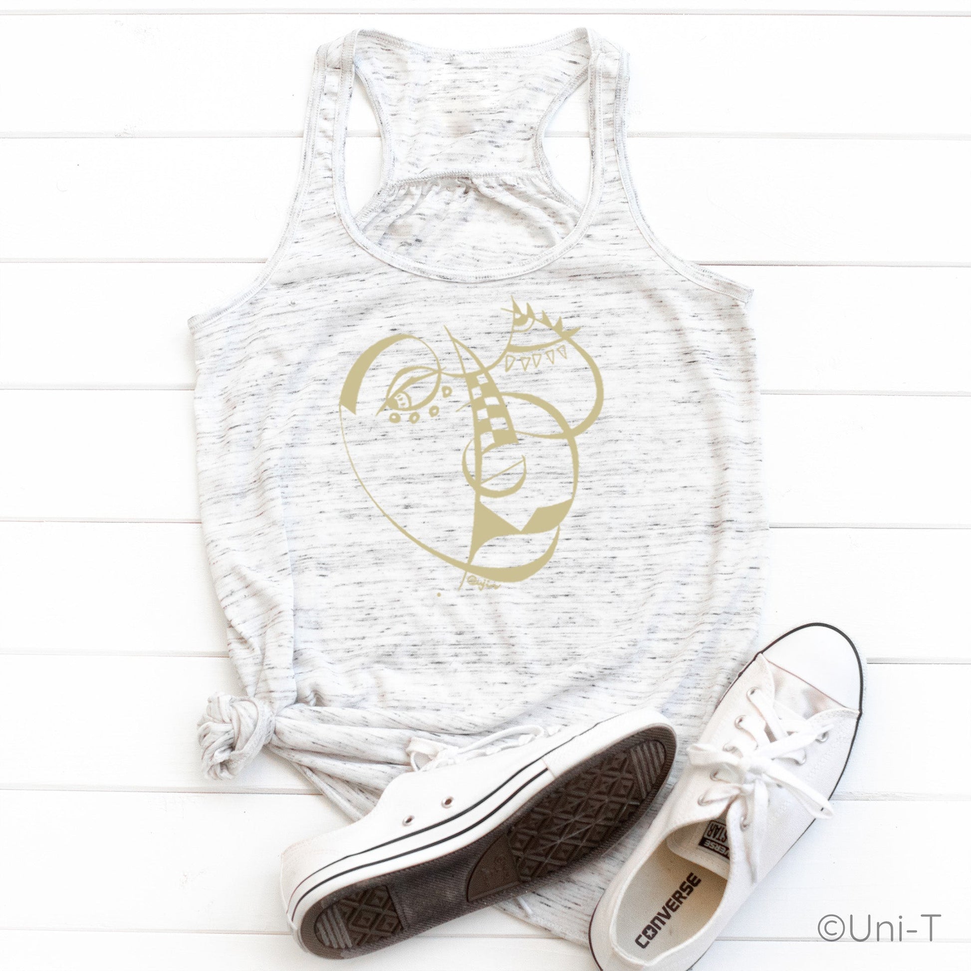 Cubism Face Flowy Tank - Women in heather white with artistic cubism print. Lightweight and stylish for casual wear or creative expression.