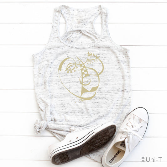 Cubism Face Flowy Tank - Women in heather white with artistic cubism print. Lightweight and stylish for casual wear or creative expression.