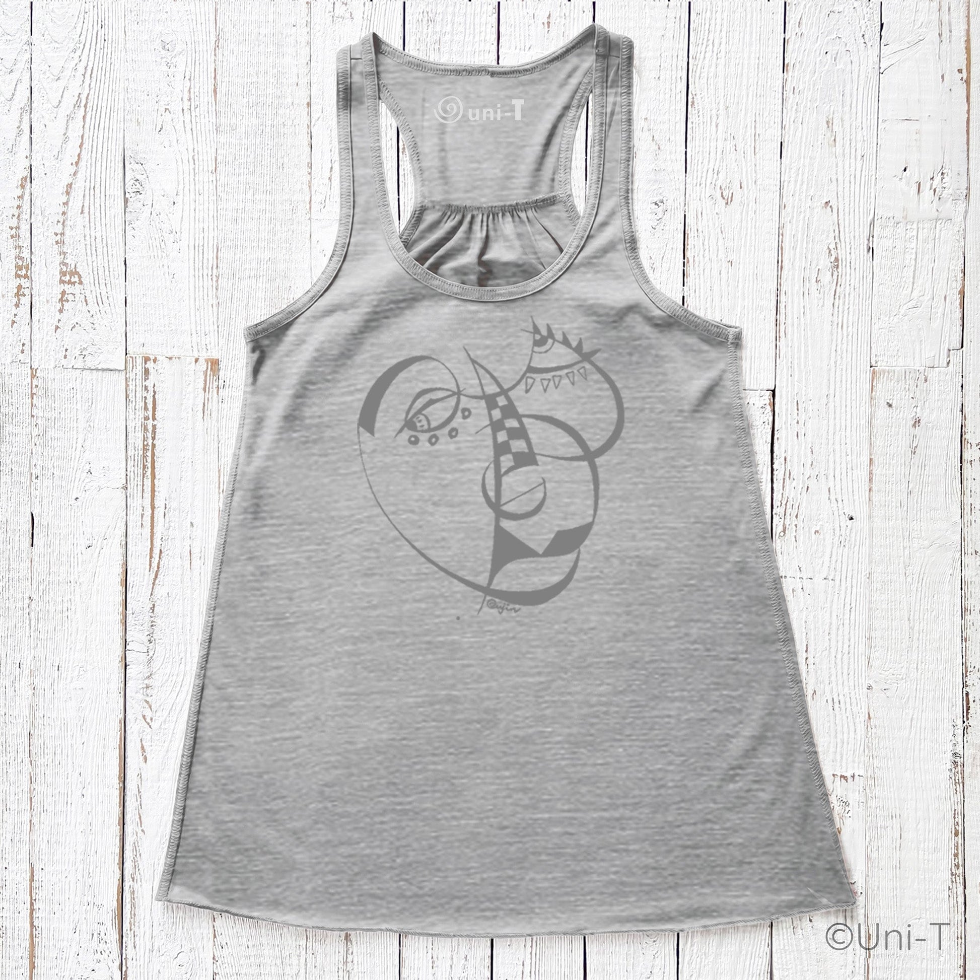 Cubism Face Flowy Tank - Women in heather gray featuring abstract cubist artwork. Comfortable fit perfect for artistic and modern fashion.
