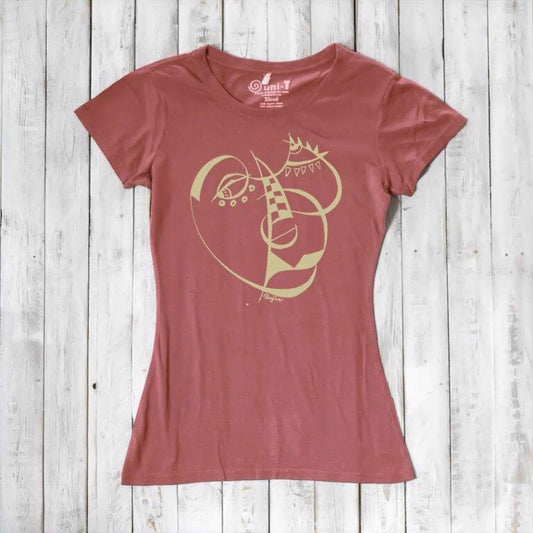 Women's Cubism Face T-Shirt in bamboo and organic cotton in dusty rose with abstract art graphic. Eco-friendly gift for modern art lovers.