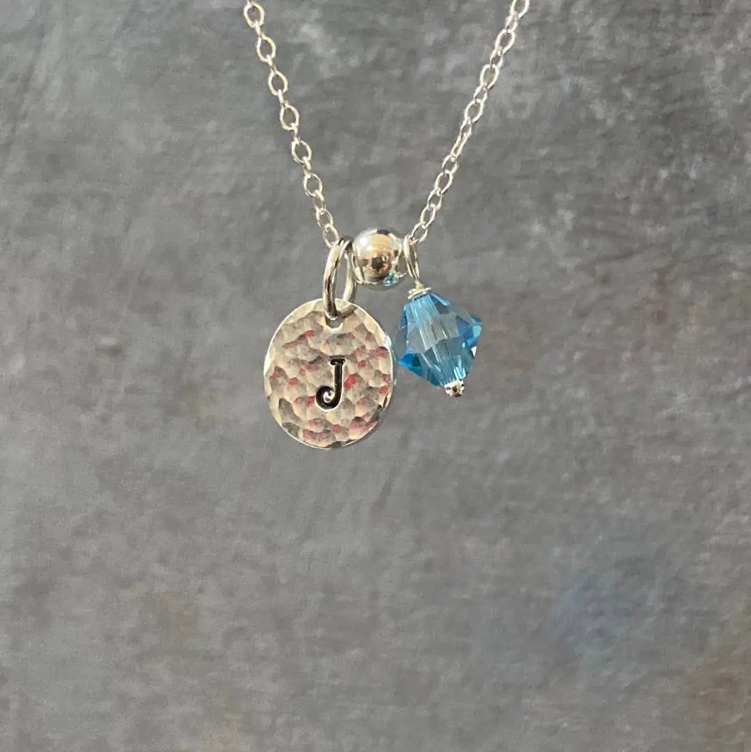 Silver Custom Initial Necklace with aqua blue crystal and stamped 'J' pendant. Unique personalized gift in jewelry accessories category.
