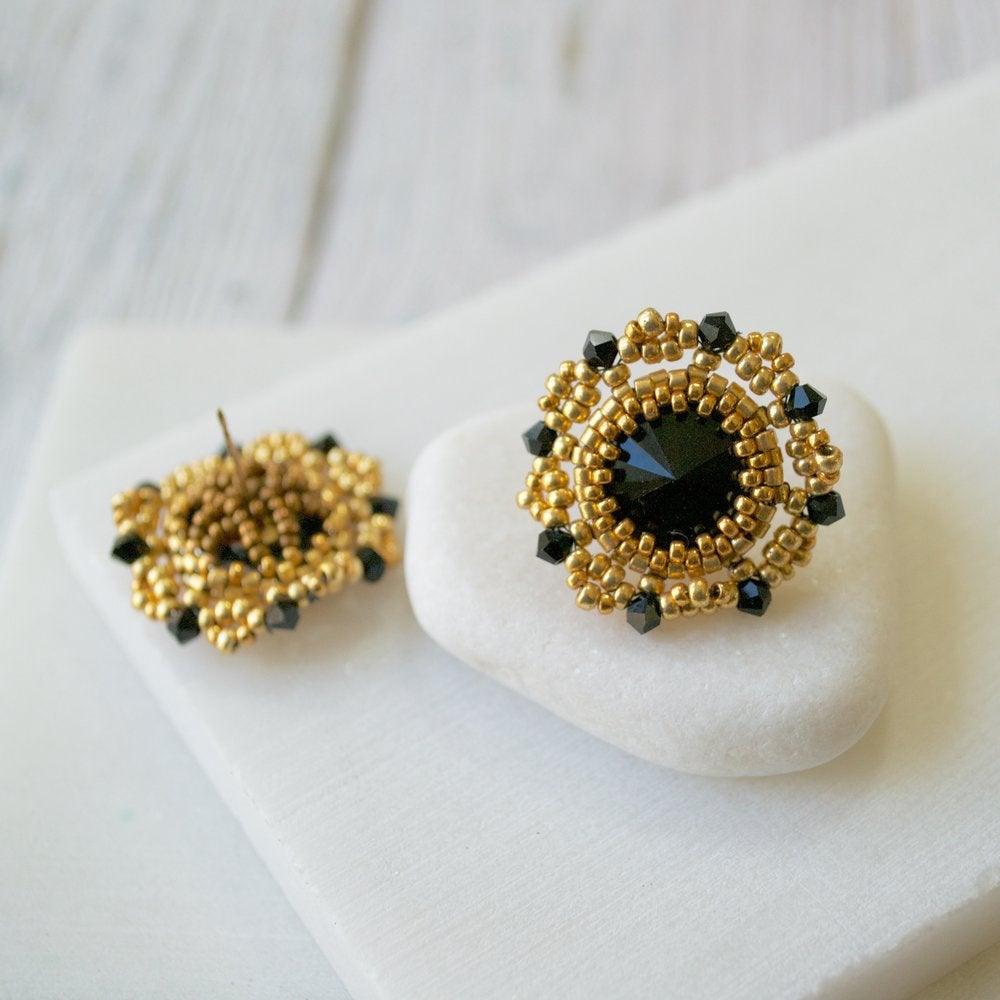 Black and Gold Czech Crystals &amp; Seed Beads Studs Uni-T