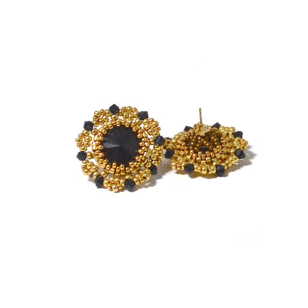 Black and Gold Czech Crystals &amp; Seed Beads Studs Uni-T