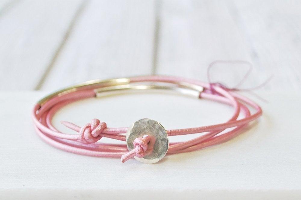 Pink Leather Silver/Gold Wrap Bracelet - One Size fits all Uni-T