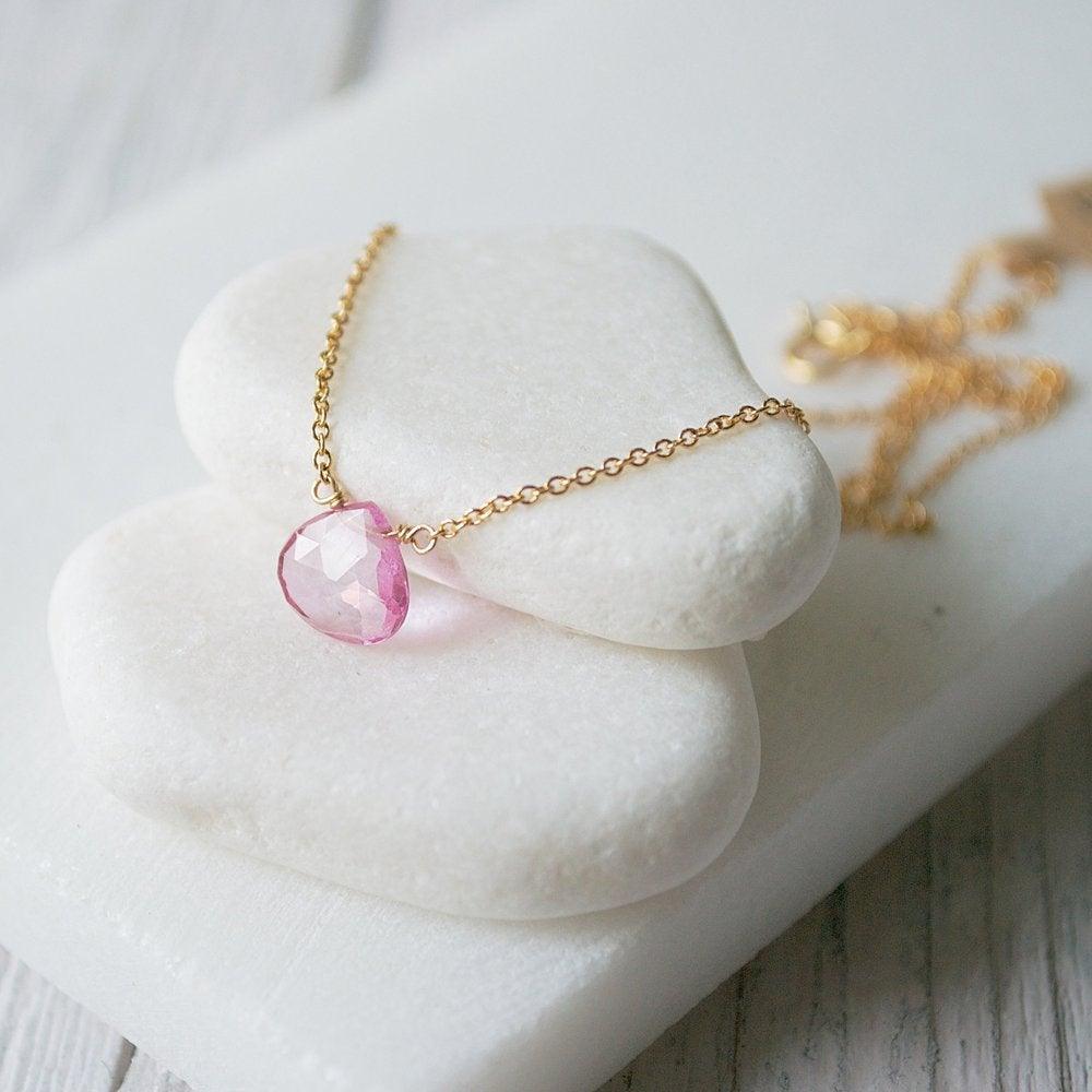 Pink Topaz Gemstone &amp; Gold Fill Necklace Uni-T