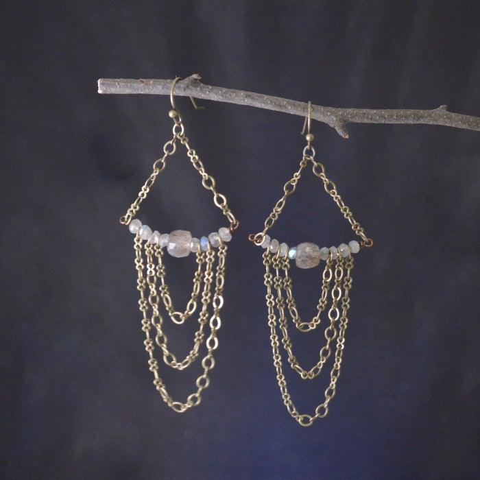 Bronze Slouch Earrings, Labradorite or Pyrite Earrings Uni-T