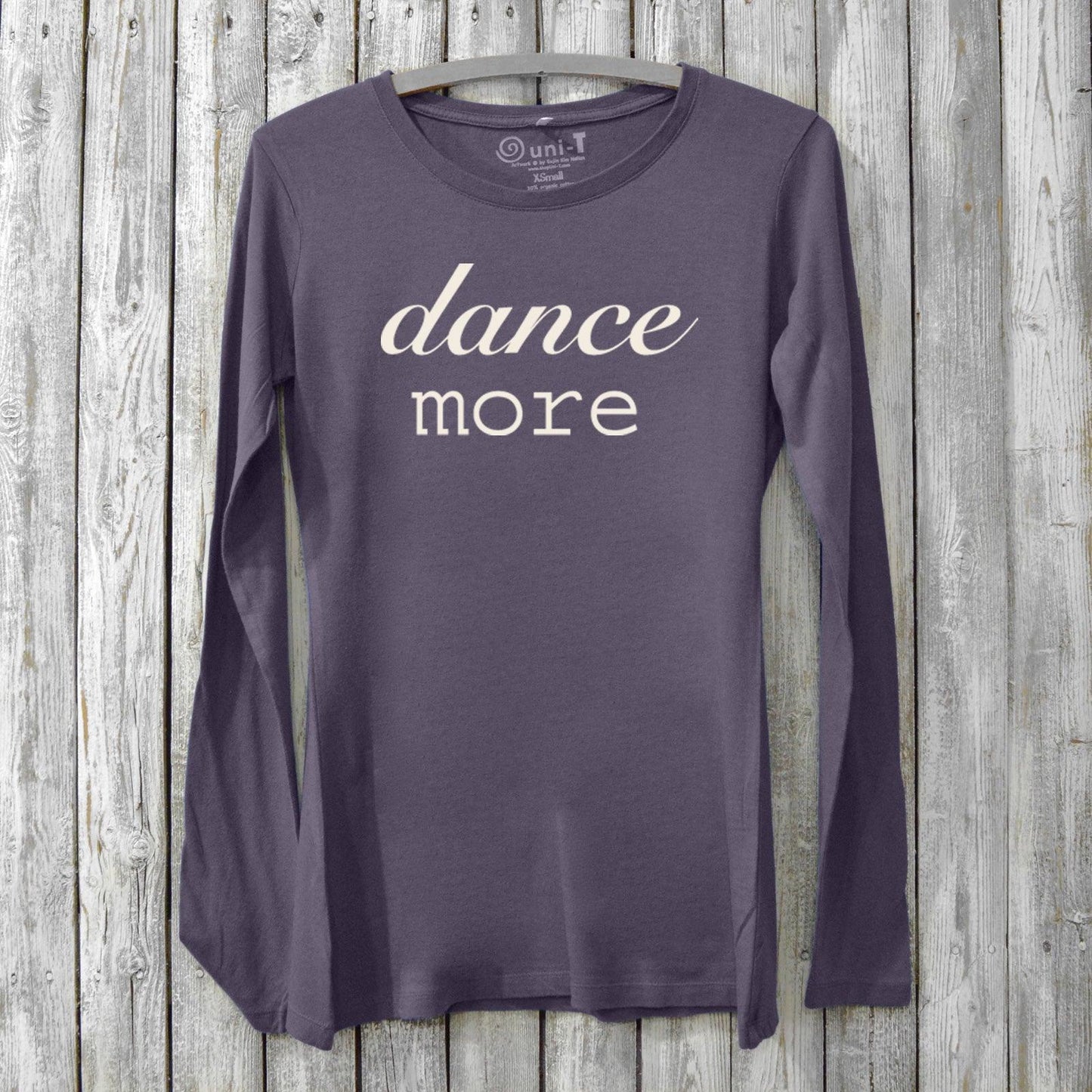 Women's Dance Long Sleeve T-Shirt in purple bamboo and organic cotton with 'dance more' graphic. Eco-friendly studio tee by Uni-T for dancers.