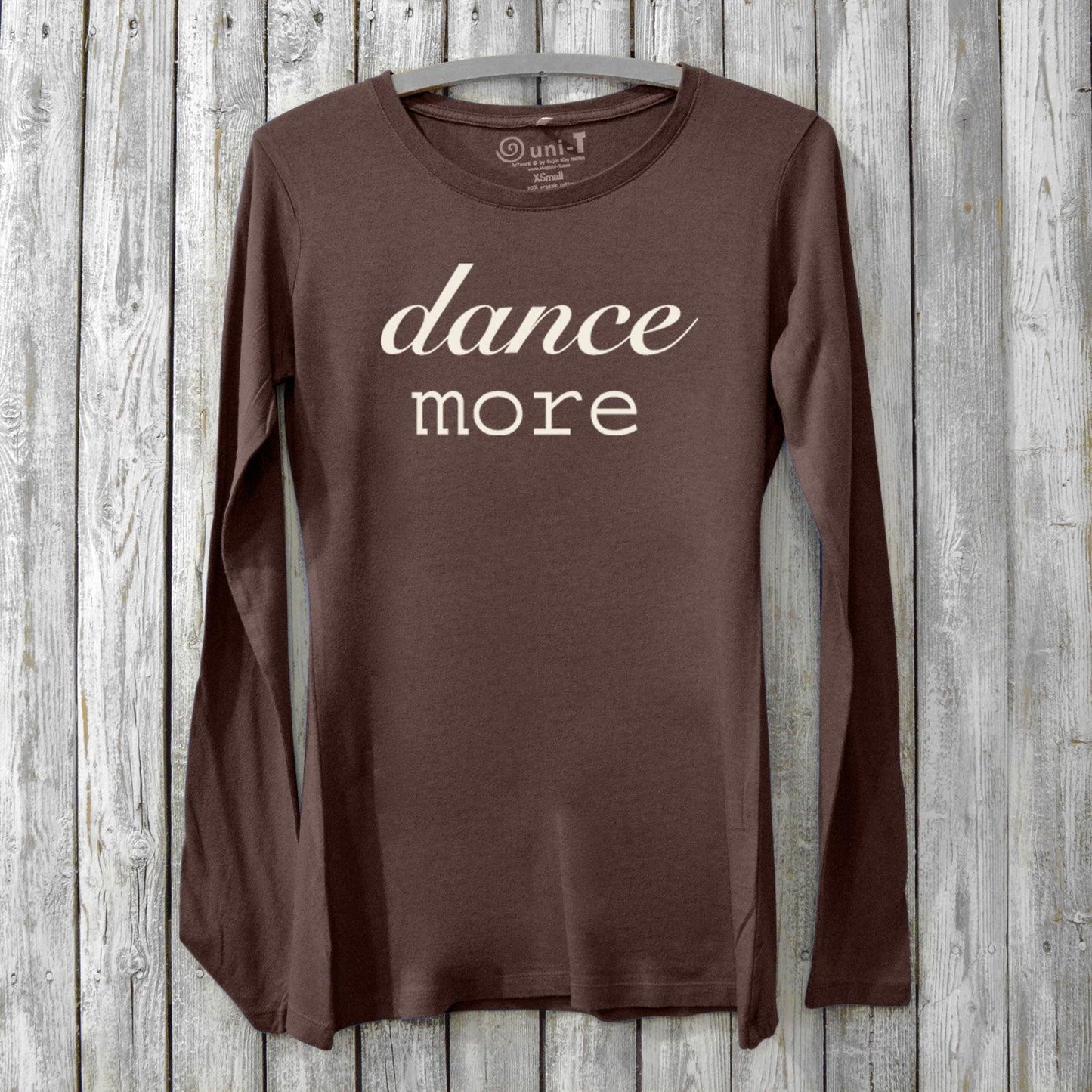 Women's Dance Long Sleeve T-Shirt in brown bamboo and organic cotton with 'dance more' print. Sustainable and breathable gift for dancers by Uni-T.