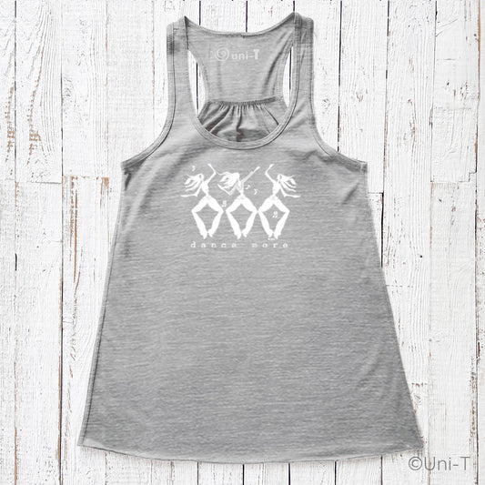 Grey 'Dance More' women flowy tank top with white dancer graphic, eco-friendly and breathable for studio-ready comfort and style.