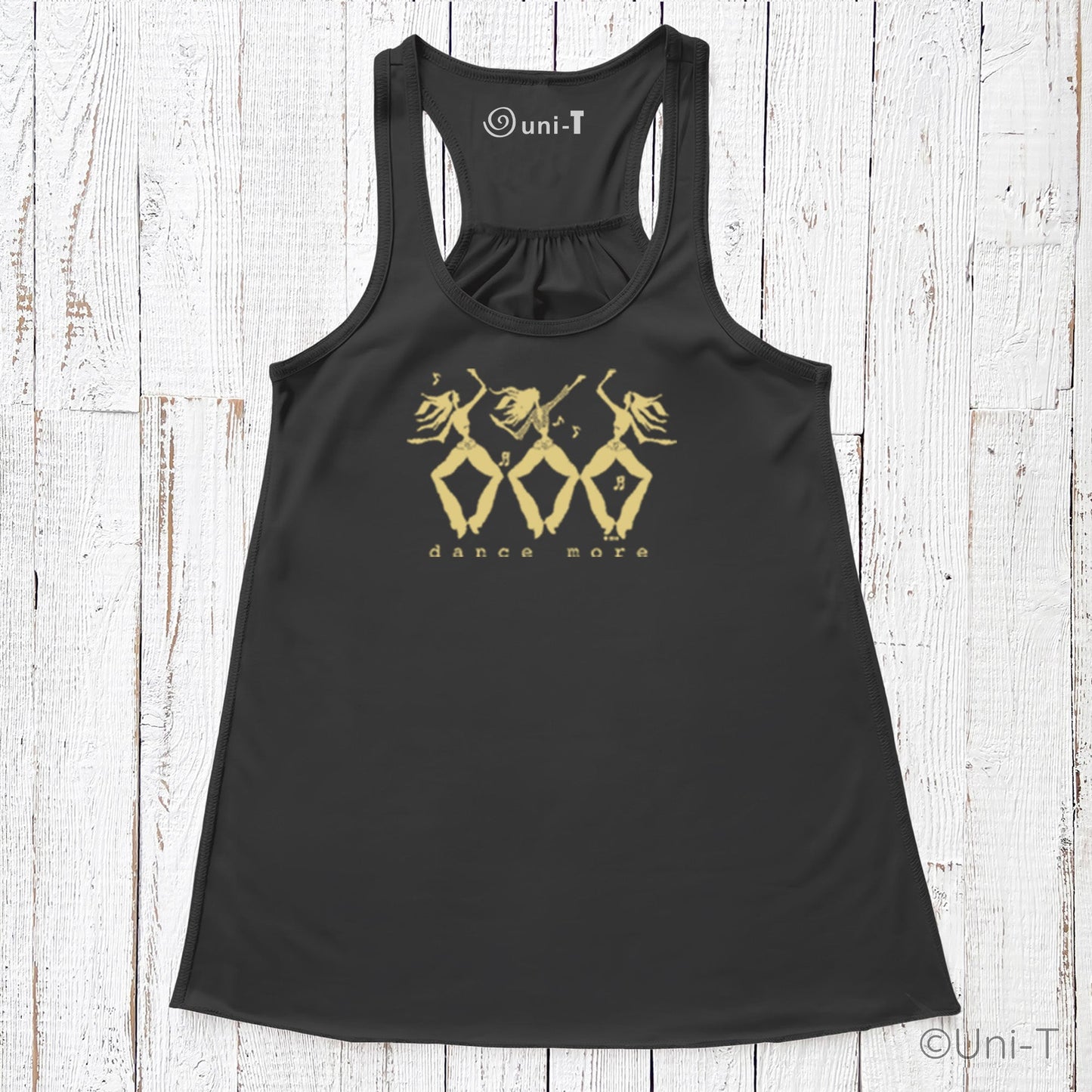 Black 'Dance More' women's flowy tank top with gold dancer design, breathable and stylish for studio or street performance wear.