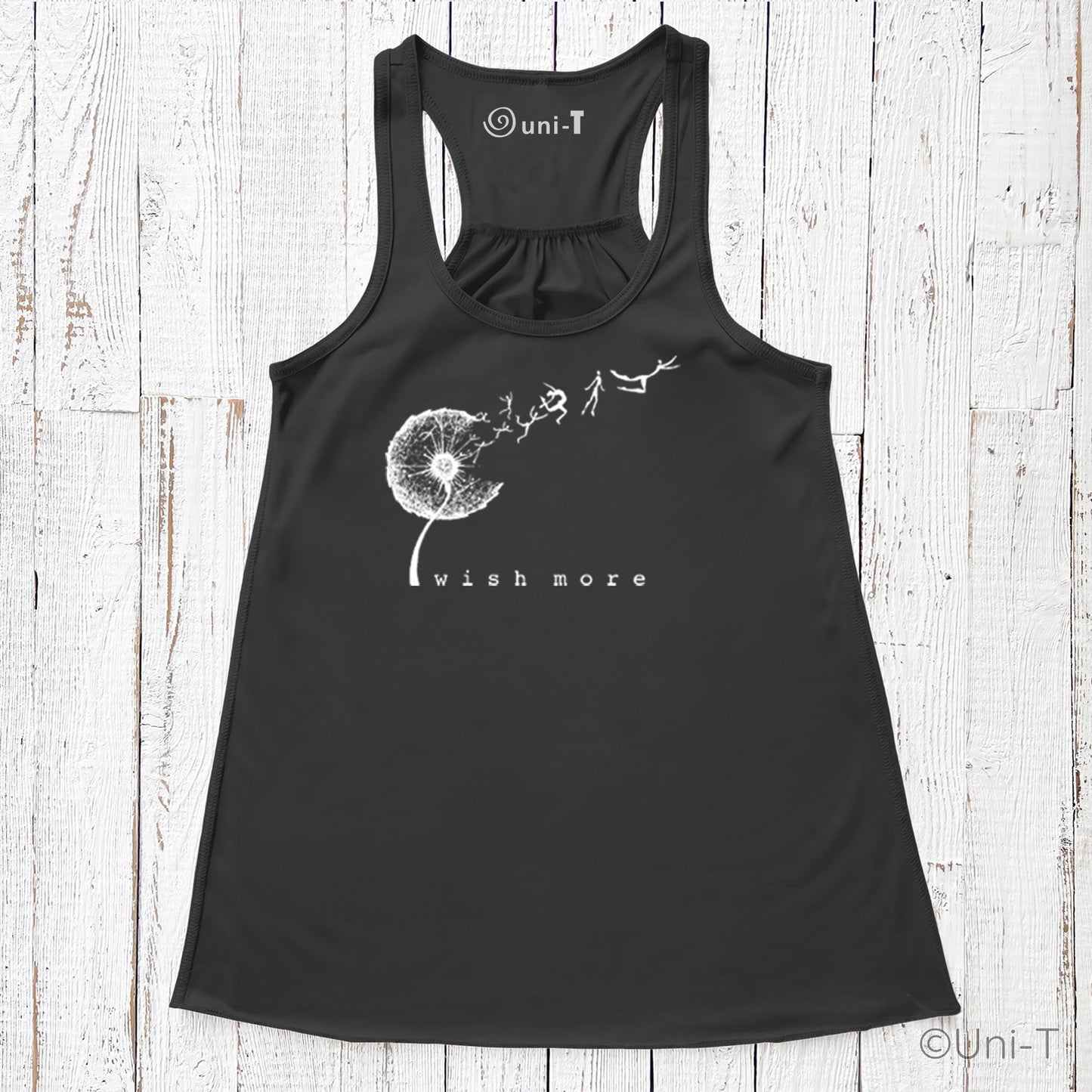 Black Wish More Flowy Tank Top with white dandelion and dreamer motif. Soft racerback style ideal for casual eco-conscious fashion.