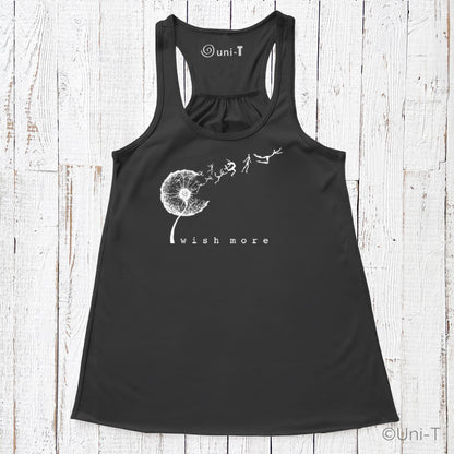 Black Wish More Flowy Tank Top with white dandelion and dreamer motif. Soft racerback style ideal for casual eco-conscious fashion.