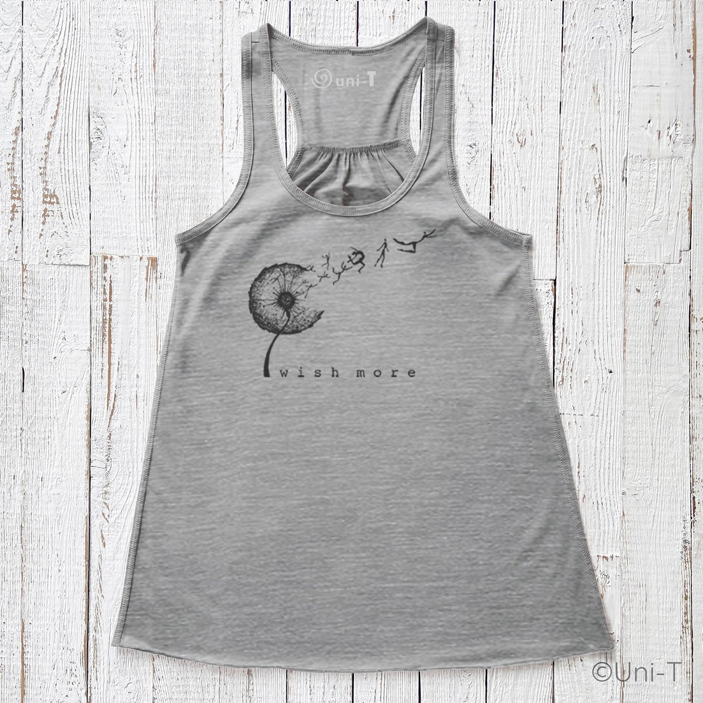Heather gray Wish More Flowy Tank with black dandelion print and inspirational message. Comfortable racerback tank for women dreamers.