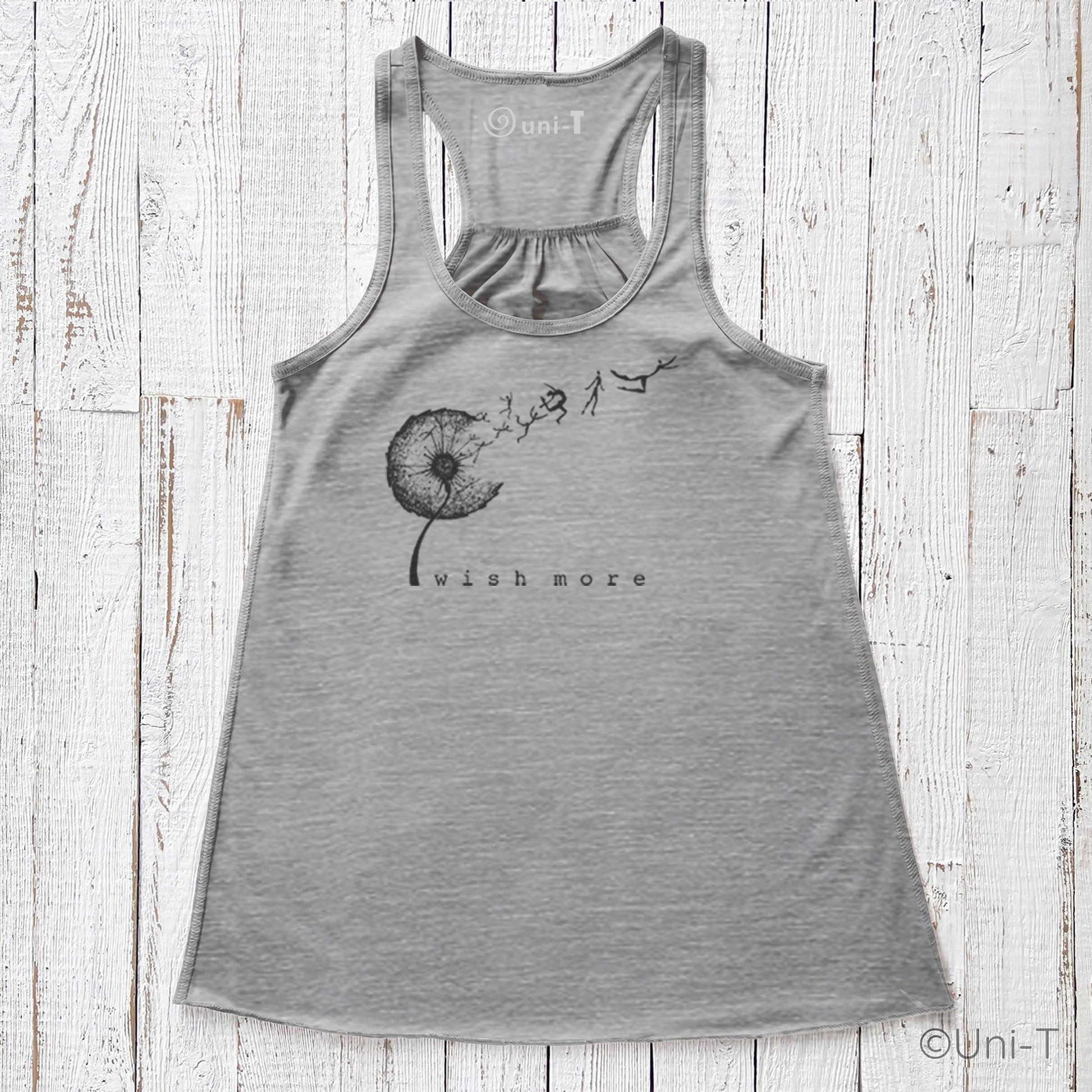 Heather gray Wish More Flowy Tank with black dandelion print and inspirational message. Comfortable racerback tank for women dreamers.