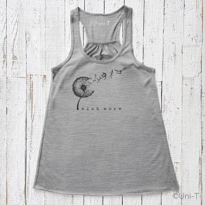 Heather gray Wish More Flowy Tank with black dandelion print and inspirational message. Comfortable racerback tank for women dreamers.