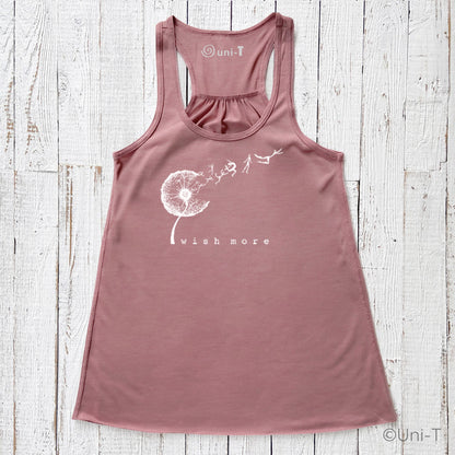 Dusty rose Wish More Flowy Tank Top with white dandelion and whimsical figures. Feminine racerback cut in soft, eco-friendly fabric.