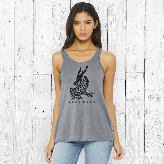 Dragon Flowy Tank Top Women in heather gray with bold dragon graphic and 'dare more' text. Empower your style with fearless fashion.