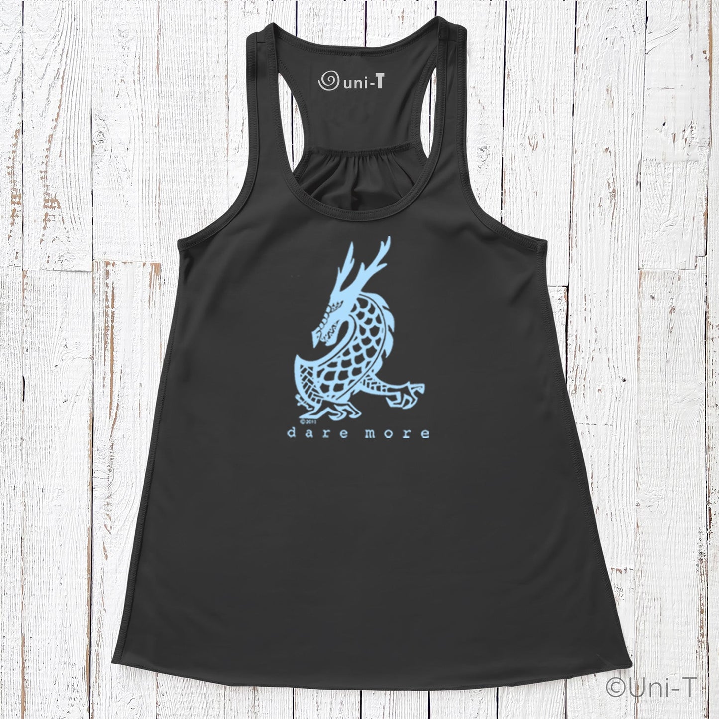 Black Dragon Flowy Tank Top for Women featuring light blue dragon design and racerback cut. Ideal for bold, adventurous fashion statements.