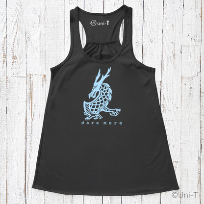 Black Dragon Flowy Tank Top for Women featuring light blue dragon design and racerback cut. Ideal for bold, adventurous fashion statements.