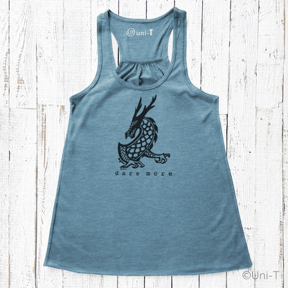 Blue Dragon Flowy Tank Top Women with black dragon print and 'dare more' slogan. Eco-friendly and perfect for active, courageous lifestyles.