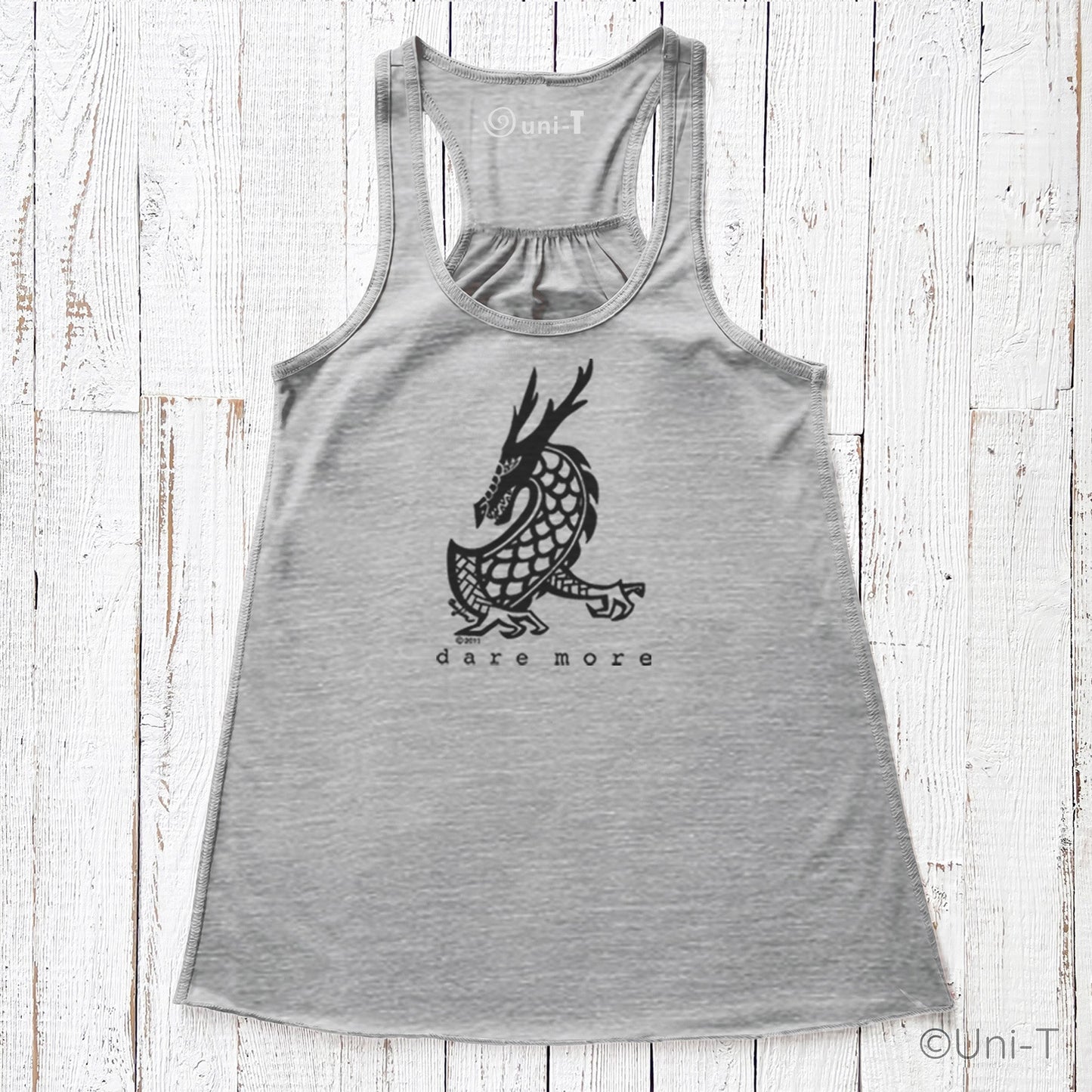 Heather gray Dragon Flowy Tank Top for Women with black dragon art and racerback style. Soft blend fabric for bold, everyday wear.