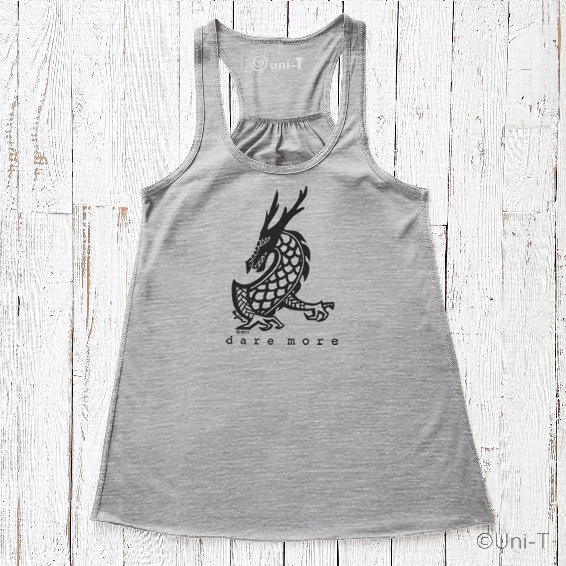 Heather gray Dragon Flowy Tank Top for Women with black dragon art and racerback style. Soft blend fabric for bold, everyday wear.