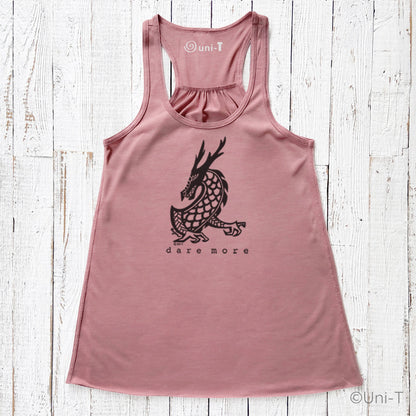 Rose pink Dragon Flowy Tank Top Women with black dragon graphic and empowering message. Stylish and comfortable for fearless fashion lovers.