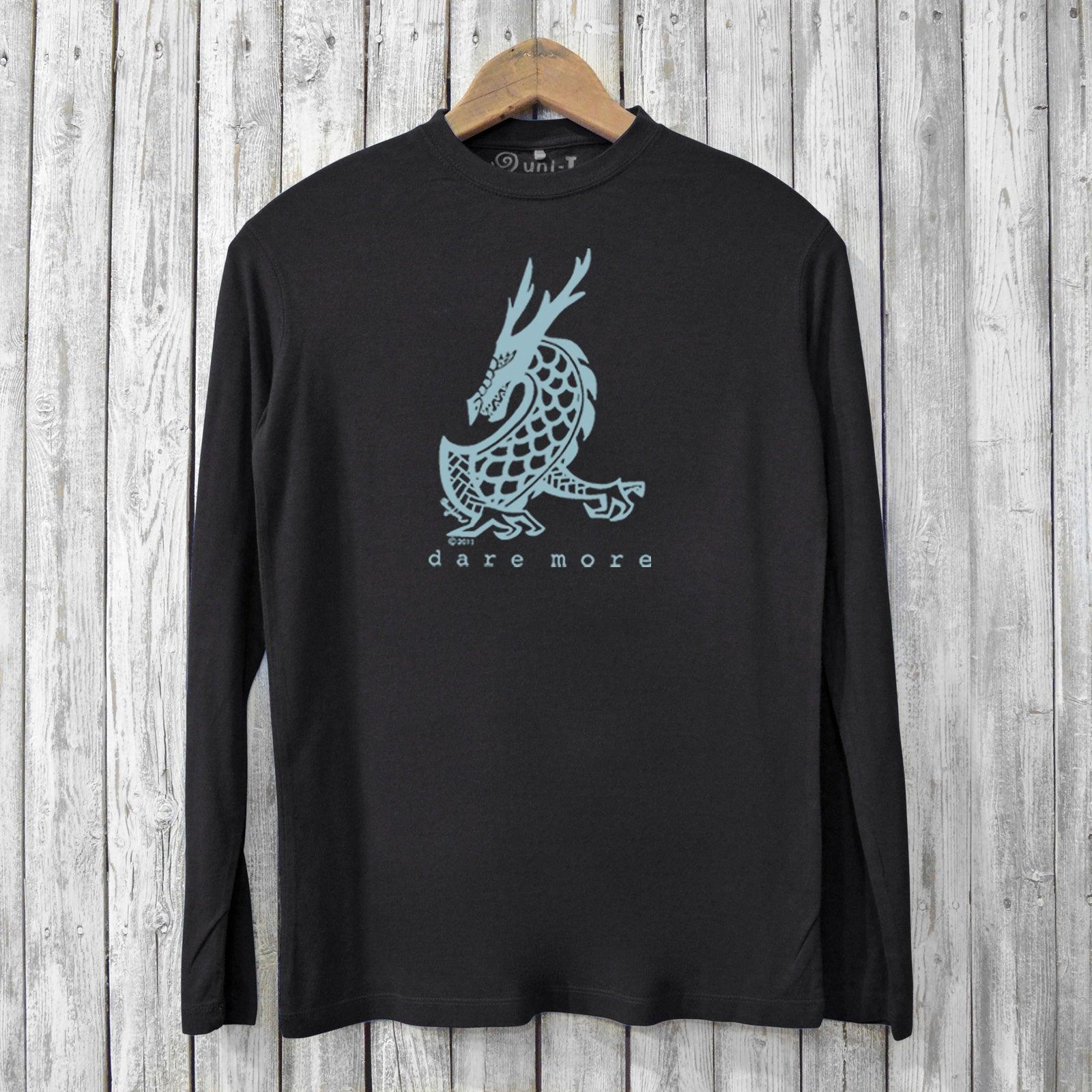 Black eco-friendly men's bamboo long sleeve t-shirt featuring a blue dragon graphic and 'dare more' text. Sustainable and breathable design.