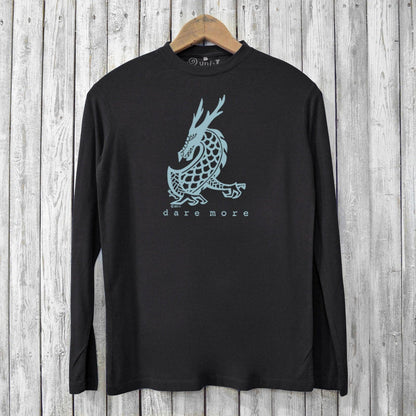 Black eco-friendly men's bamboo long sleeve t-shirt featuring a blue dragon graphic and 'dare more' text. Sustainable and breathable design.