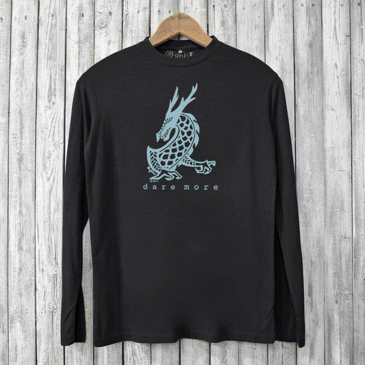 Black eco-friendly men's bamboo long sleeve t-shirt featuring a blue dragon graphic and 'dare more' text. Sustainable and breathable design.