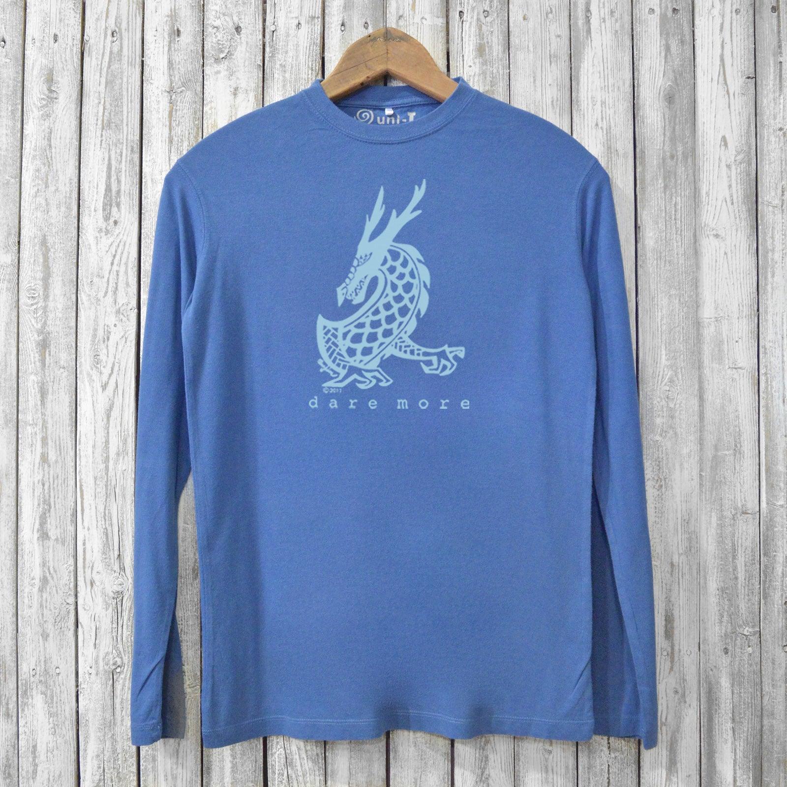 Blue men's long sleeve graphic t-shirt made from bamboo and organic cotton, showcasing a light blue dragon design with 'dare more' text.