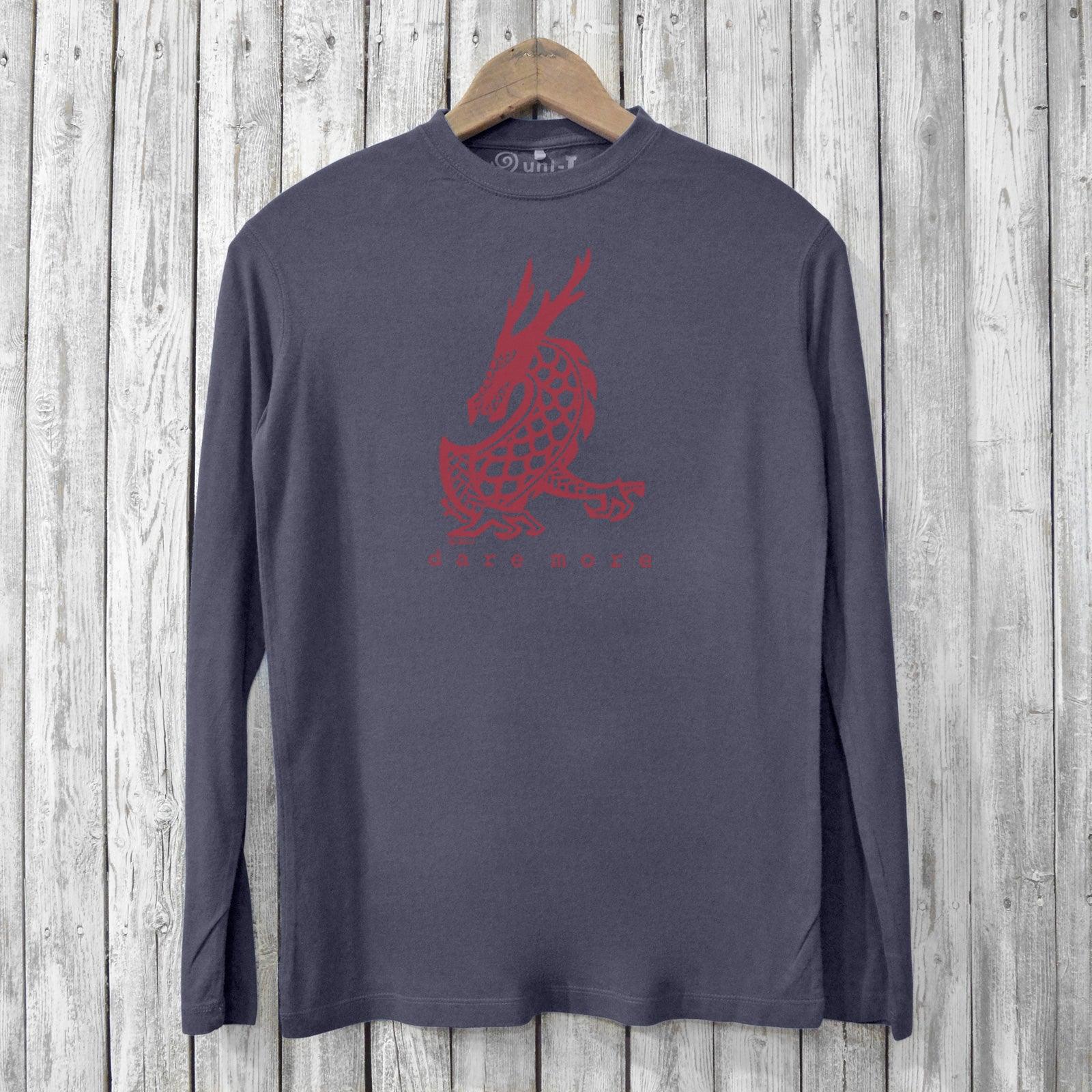 Dark grey sustainable men's long sleeve shirt with red dragon artwork and 'dare more' message. Made from bamboo and organic cotton blend.