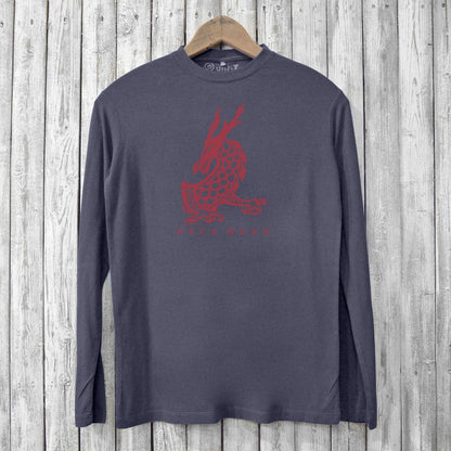 Dark grey sustainable men's long sleeve shirt with red dragon artwork and 'dare more' message. Made from bamboo and organic cotton blend.