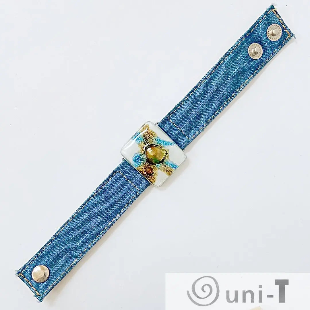 Denim Cuff with Blue & Gold Recycled Fused Glass - Narrow Carolina Portillo