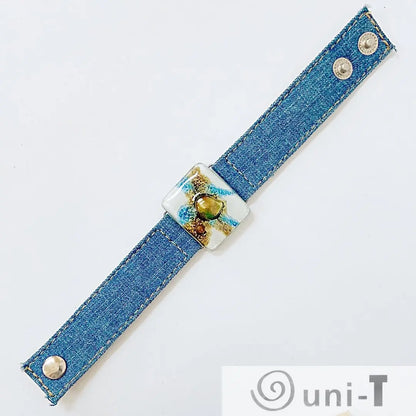 Denim Cuff with Blue & Gold Recycled Fused Glass - Narrow Carolina Portillo