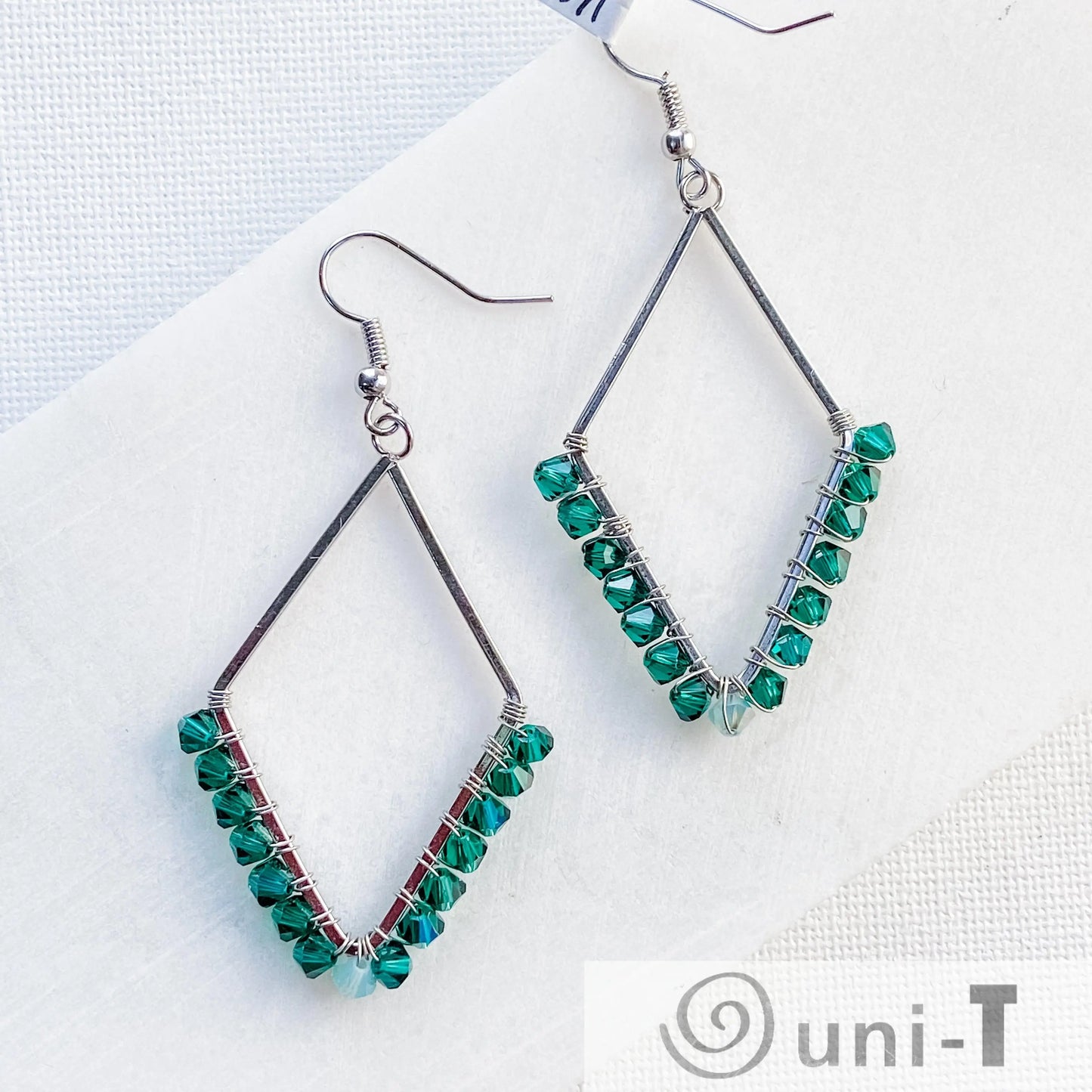 Diamond Shape Earrings with Wrapped Crystals - Blue, Purple & Green - Large Lisa Trachtman