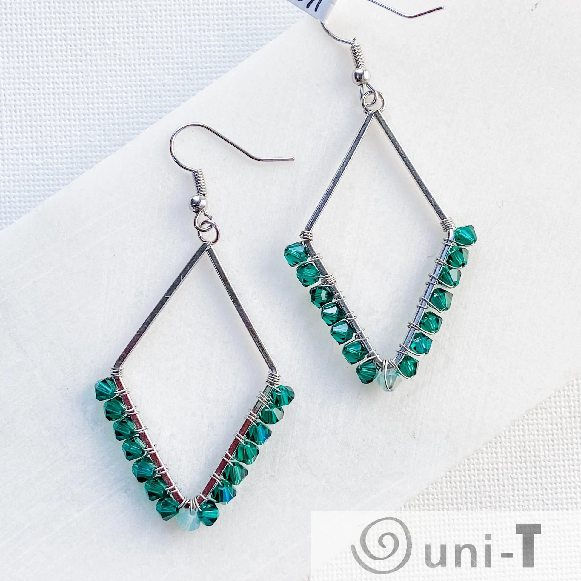 Diamond Shape Earrings with Wrapped Crystals - Blue, Purple & Green - Large Lisa Trachtman