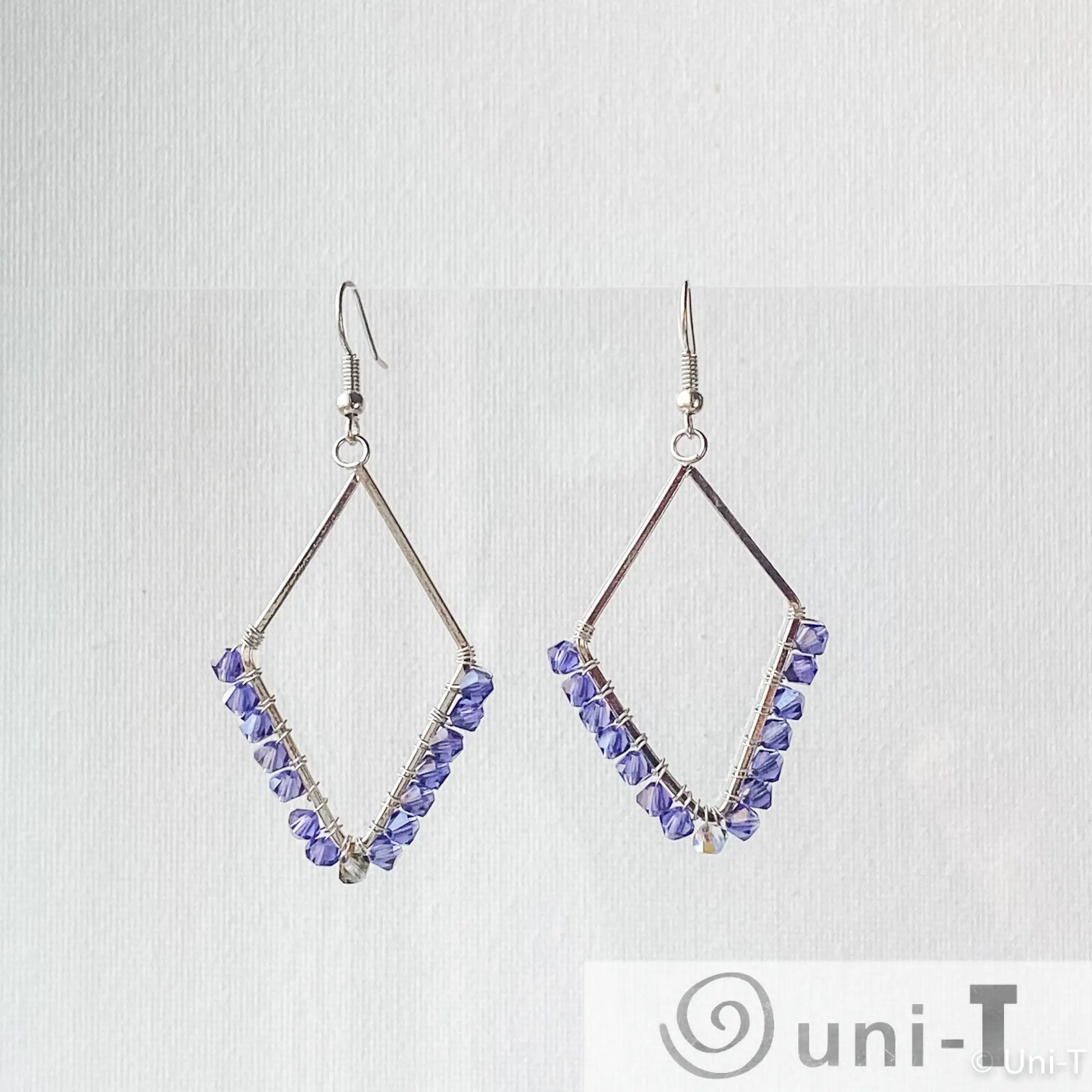 Diamond Shape Earrings with Wrapped Crystals - Blue, Purple & Green - Large Lisa Trachtman