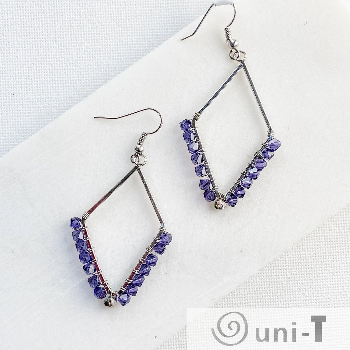 Diamond Shape Earrings with Wrapped Crystals - Blue, Purple & Green - Large Lisa Trachtman