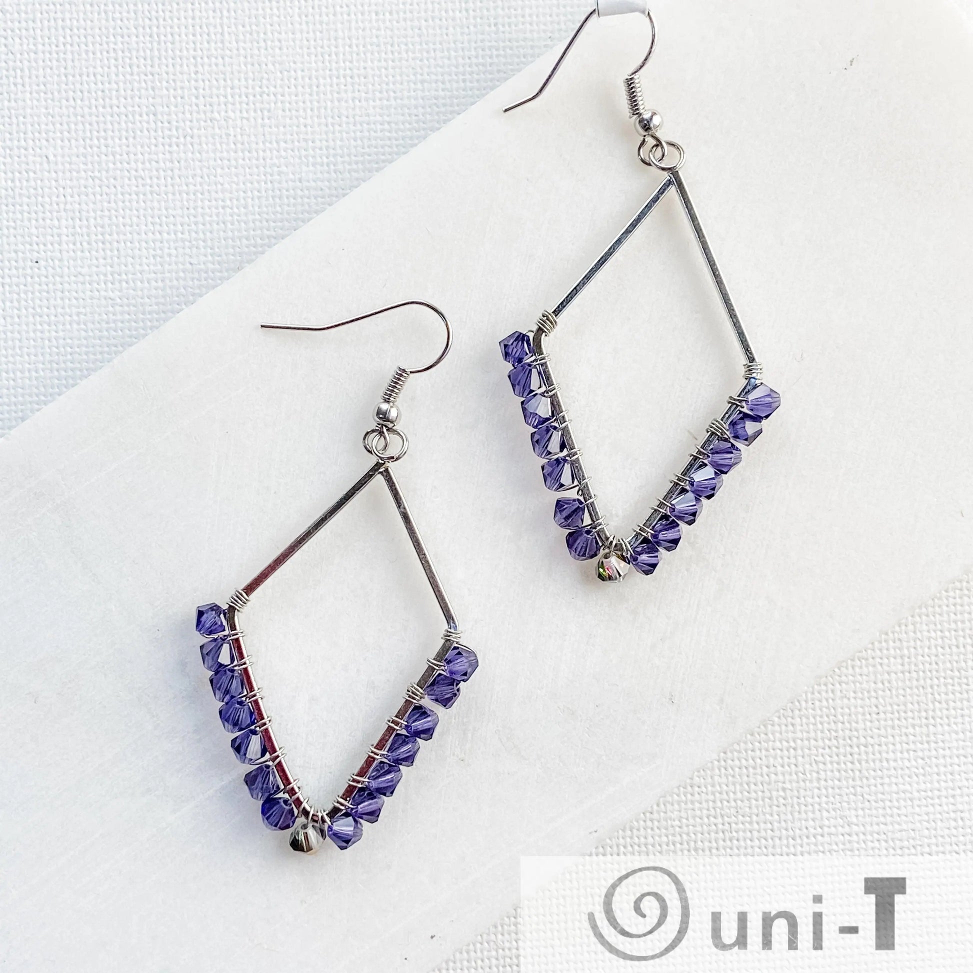 Diamond Shape Earrings with Wrapped Crystals - Blue, Purple & Green - Large Lisa Trachtman