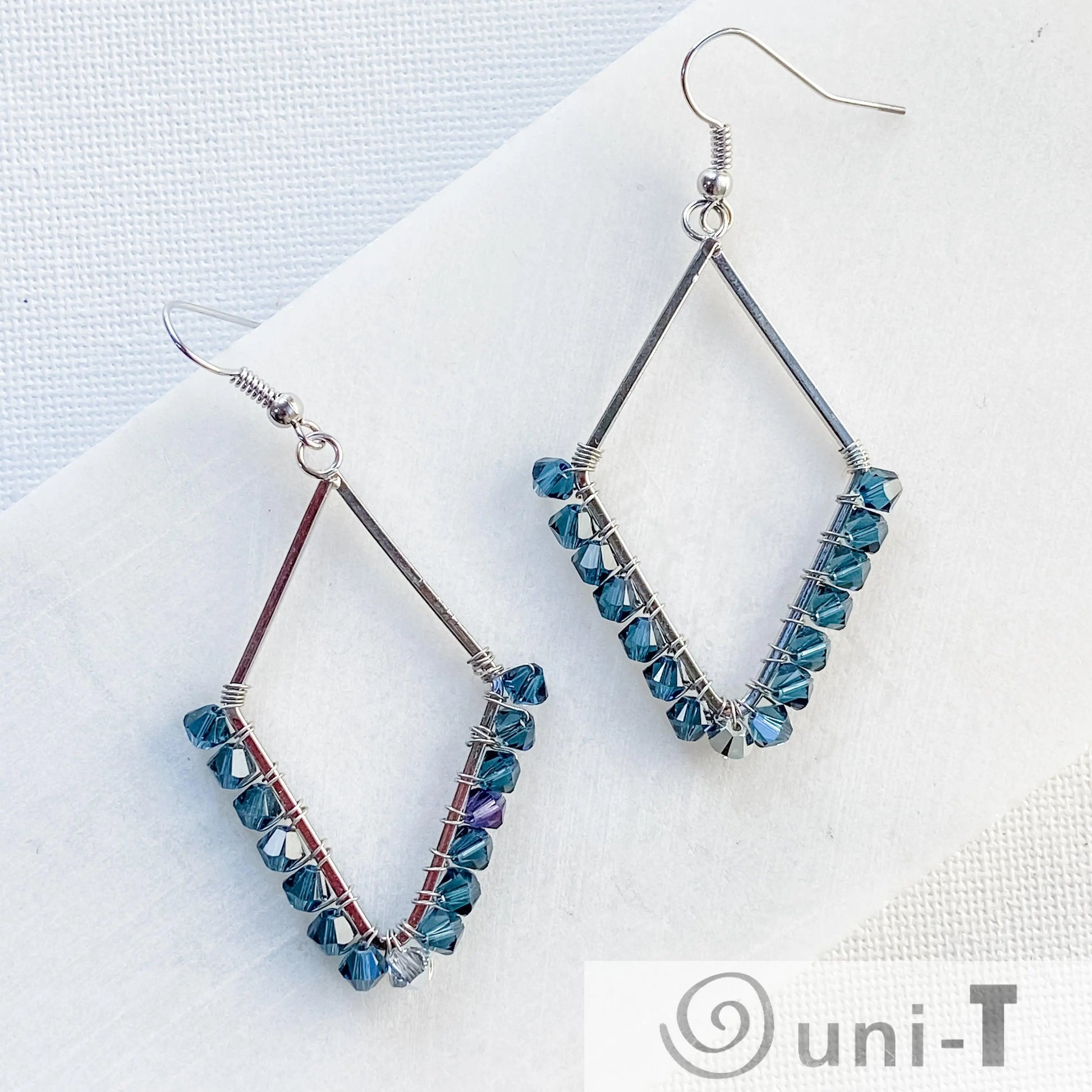 Diamond Shape Earrings with Wrapped Crystals - Blue, Purple & Green - Large Lisa Trachtman