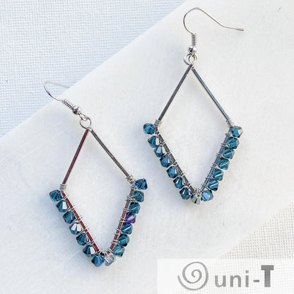 Diamond Shape Earrings with Wrapped Crystals - Blue, Purple & Green - Large Lisa Trachtman