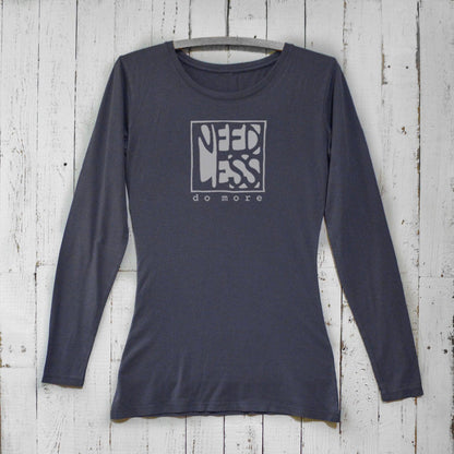 Women's minimalist long sleeve T-shirt in ocean blue bamboo and organic cotton with 'Need Less Do More' quote. Cozy lifestyle tee by Uni-T.