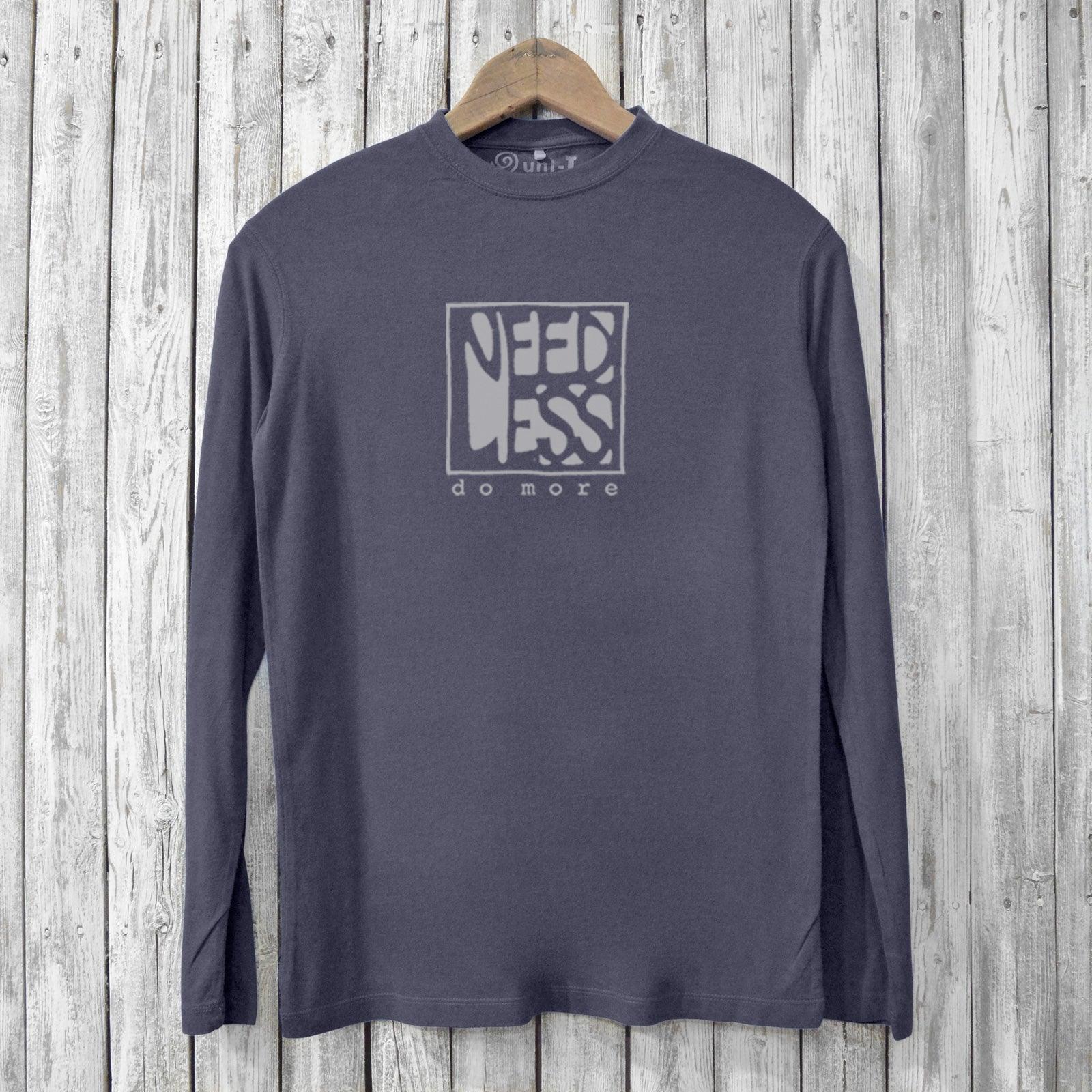 Men's bamboo long sleeve t-shirt in charcoal gray with 'Need Less Do More' graphic. Eco-friendly and sustainable style for casual wear.