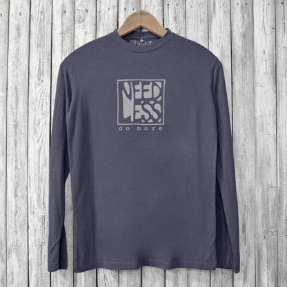 Men's bamboo long sleeve t-shirt in charcoal gray with 'Need Less Do More' graphic. Eco-friendly and sustainable style for casual wear.