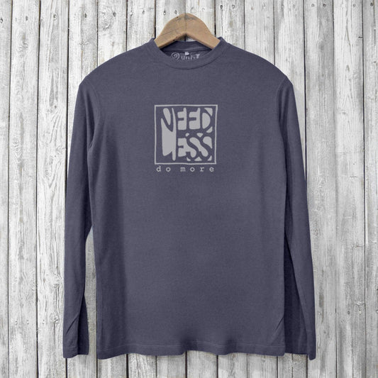 Men's bamboo long sleeve t-shirt in charcoal gray with 'Need Less Do More' graphic. Eco-friendly and sustainable style for casual wear.