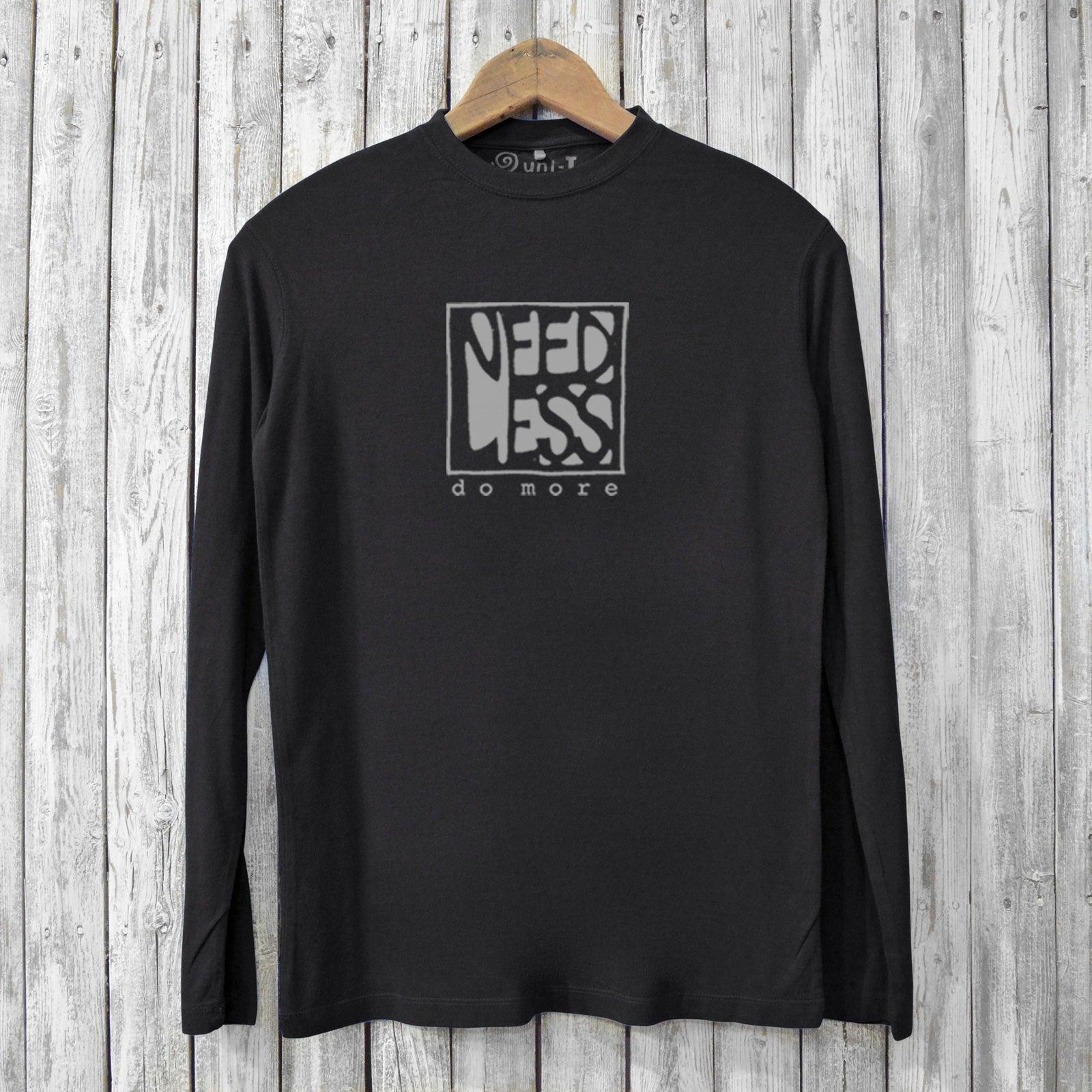 Black men's bamboo long sleeve t-shirt featuring 'Need Less Do More' print. Made from organic cotton blend for breathable comfort.